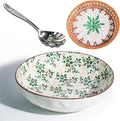 10"Ceramic Large Salad Serving Bowl with Serving Utensil & 7.8"Round Rattan Tray with Mother of Pearl Inlay for Vegetables, Fruit, Baking, Dessert, Kitchen, Party Diy, Pre Meal and Serve Dishes