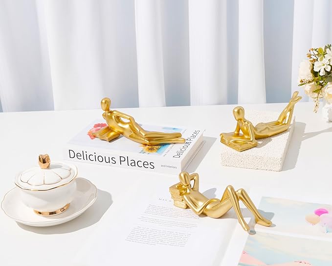 Reading Women Lying Down Figurine Gold Decor, Elegant Addition to Reading Nook, Small Gold Decor Fun Paperweight