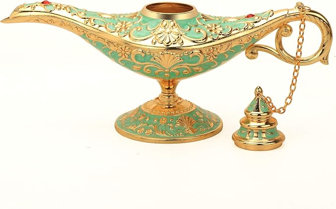 K COOL Classic Aladding Magic Genie Lamp Legend Wishing Light Costume Lamp Metal Carved Cone Incense Burner for Home Tabletop Decoration Party Birthday Halloween Christmas(Light Jade Green)
