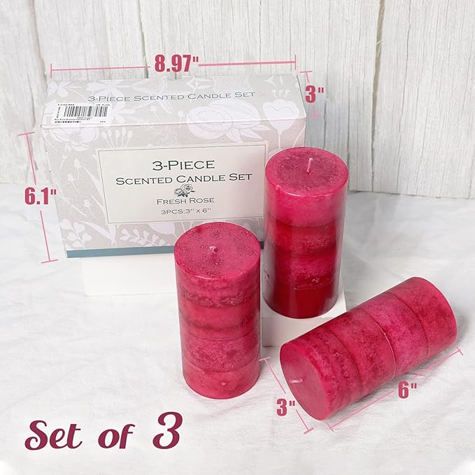 Red Scented Candles 3x6 inch Rose Scent Birthday Luxury Romantic 4 Layer Hand Poured Long Lasting Pillar Large Candles Gift Set for Home Table Dinner Wedding Christmas Decorations - 3 Pack