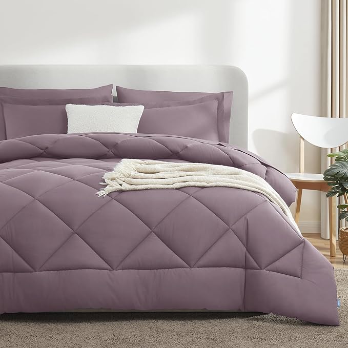 CozyLux Full Size Comforter Sets Dusty Purple - 7 Pieces Bed in a Bag Full, Soft Bed Set for All Seasons, Bedding Set with Down Alternative Comforter, Sheets, Pillowcases & Shams, Grayish Purple
