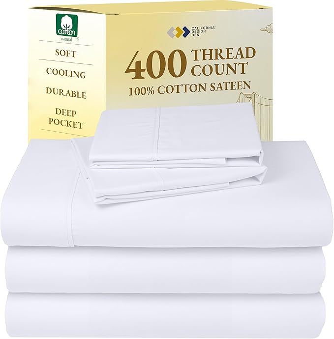 California Design Den Split King Sheets Sets for Adjustable Bed - Soft 400 Thread Count Sateen, Natural 100% Cotton Sheets, Deep Pockets for a Snug Fit, Durable Bedding Set - White