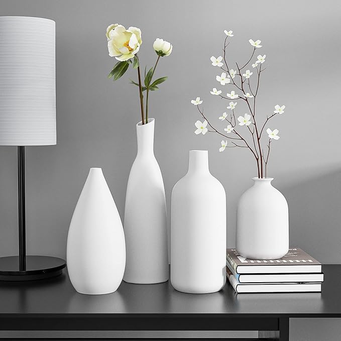 Ceramic Vases Set of 4 22 + 19 + 17 + 11 cm Height, Flower Vases Modern Home Decor, Large Modern Vases for Flowers Table Bookshelf Mantel Living Room Bedroom Office Wedding Party Gift