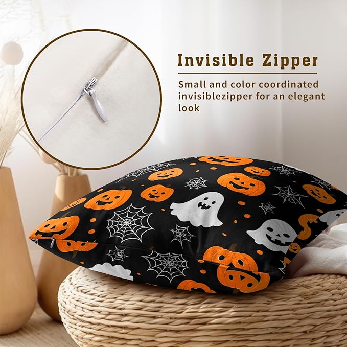 Halloween Throw Pillow Covers 18x18 - Ghost Pumpkins Pillow Covers 2PCS Halloween Day Spider Web Pillowcases for Couch Sofa Bench Bedroom