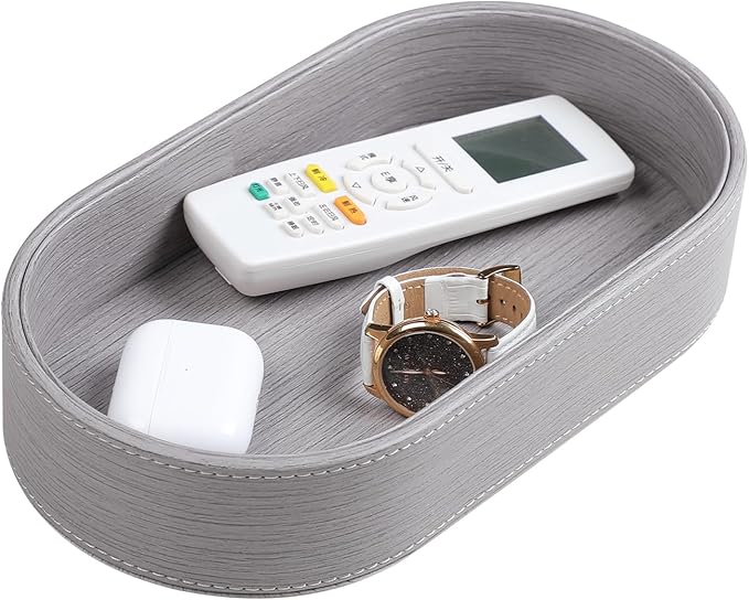 Oval Desk Valet Tray, PU Leather Perfume Dish Bowl for Keys Wallet Watch, Decorative Trinket Vanity Jewelry Tray, Entryway Nightstand Organizer Women Men (Grey)