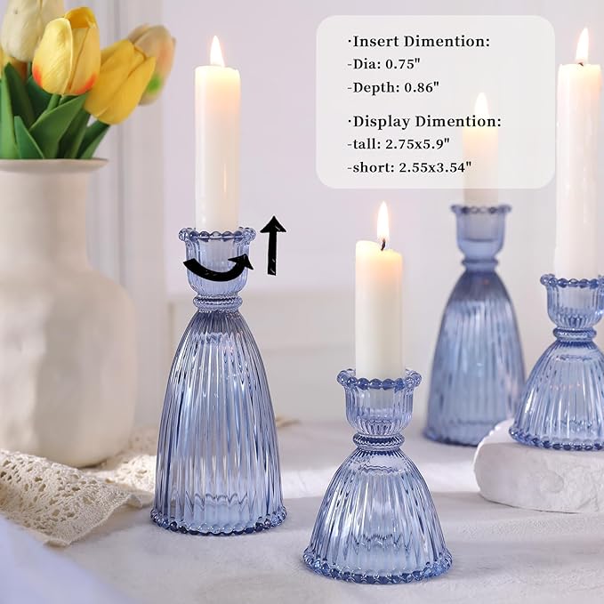 6 Pcs Blue Glass Candlestick Holders (3.5"/6", Assorted)- Tall Taper Candle Holders with Vintage Design, Candle Stick Holders in Bulk for Party Decorations, Blue Candle Holder for Tapered Candles