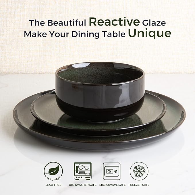 LERATIO Ceramic Plates Set of 6, 8.5 Inch Reactive Glaze Light Weight Porcelain Salad Plates,Modern Shape Dinnerware Dishes Set for Kitchen,Microwave&Dishwasher&Oven Safe,Resistant-Green