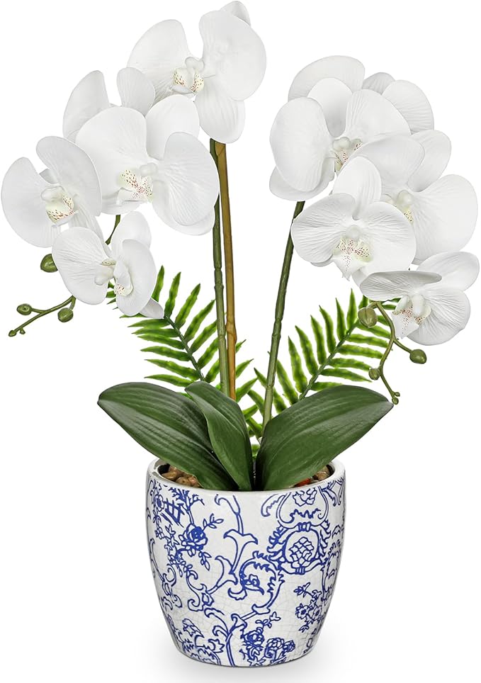 Briful Orchid Fake Flowers 18.8in White Orchid Silk Flower with Blue and White Pot Faux Orchid Arrangement for Home Office Room Shelf Table Centerpiece Decoration