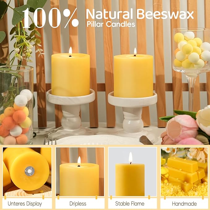6 Pack Natural Beeswax Candles,270 Hours Long Burning-Bees Wax Candles for Home,100% Pure Beeswax Pillar Candle for Emergency,Paryer,Parties,Unscented Dripless Smokeless Pillar Candle Bulk 2.8x3in