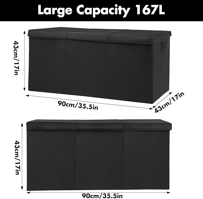 Extra Large Toy Box 167L, Sturdy Toy Storage Chest Organizer Bin Baskets with 2 Removable Divider for Boys, Girls, Kids, Nursery, Bedroom, Playroom, 35.5"x17" x17" (Linen Black)