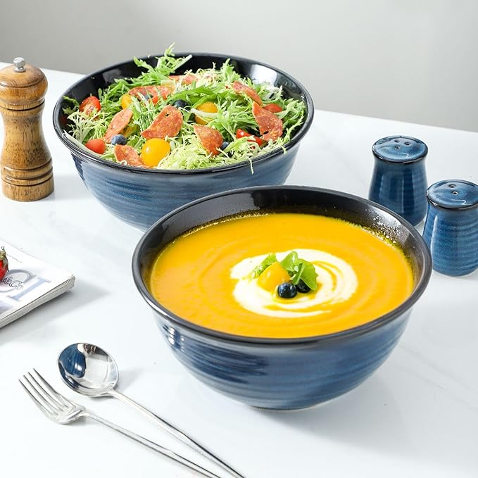 MEKY Ceramic Mixing Bowls Set of 2, 84OZ Large Nesting Salad Bowls - Perfect for Cooking, Baking, Soup, Pasta, Fruit and Popcorn, Deep Bowls Ideal for Microwave and Dishwasher Safe, Blue