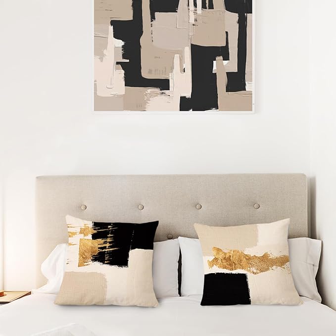 Black Beige and Gold Abstract Pillow Covers 22x22 Double-Sided, Mid Century Modern Decorative Throw Pillow Covers for Living Room Bedroom, Modern Home Decor, Black and Gold Decor, Set of 2