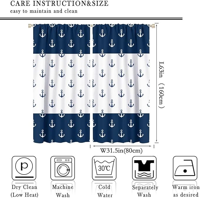 Anchor Pattern Curtains, Nautical Theme Navy Blue White Anchor Sea Life Adventure Print Blackout Window Treatments for Living Room Boys Men's Bedroom 63x63in
