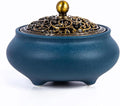 Ceramic Incense Burner Gift Set with Carved Metal Lid, Incense Holder, and Fireproof Cotton – for Stick, Cone, Coil, Sage & Frankincense – Elegant Home & Meditation Decor – Gift Boxed by SIKZU.(Blue)