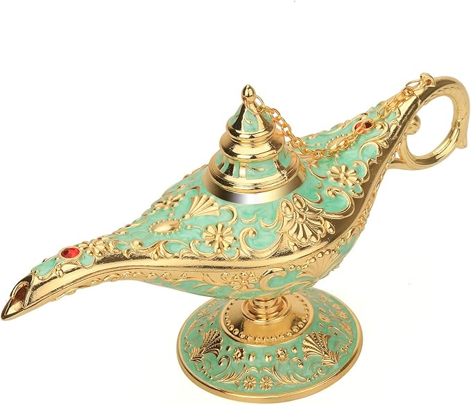 K COOL Classic Aladding Magic Genie Lamp Legend Wishing Light Costume Lamp Metal Carved Cone Incense Burner for Home Tabletop Decoration Party Birthday Halloween Christmas(Light Jade Green)