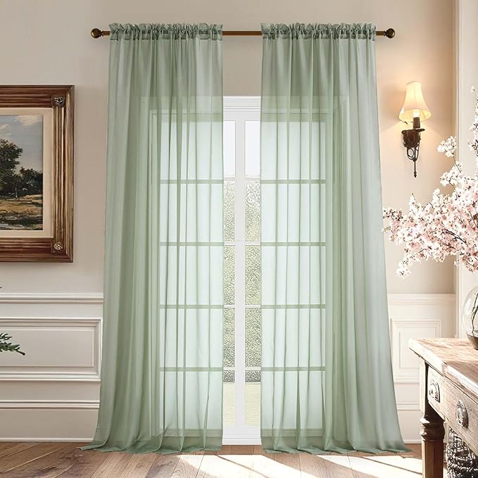 Aiyufeng Voile Sheer Sage Green Curtains - Transparent Light Weight Soft Window Treatment Curtain Panels with Rod Pocket Top for Patio Door/Living Room (W59 x L96, 2 Panels), Sage Green