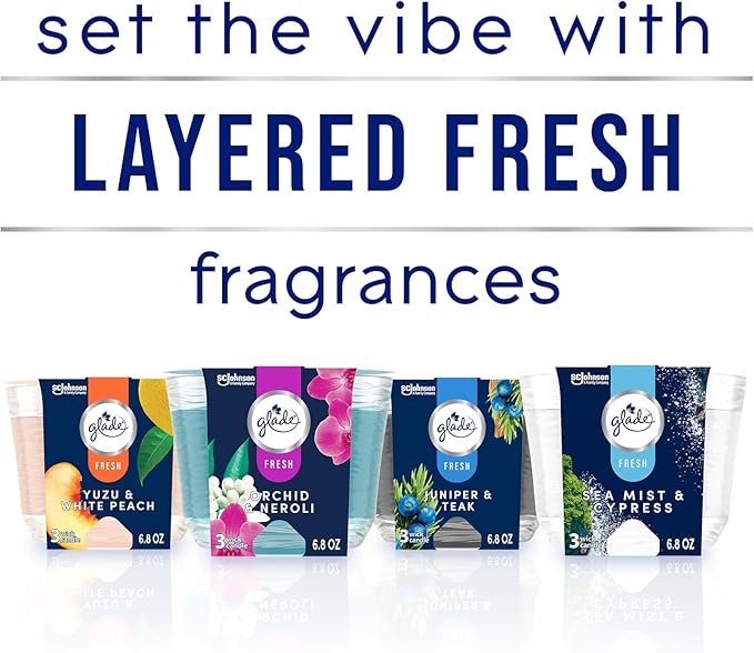 Glade Candle Orchid & Neroli, Fresh Collection, Fragrance Candle Infused with Essential Oils, Air Freshener Candle, 3-Wick Candle, 6.8 Oz, 3 Count