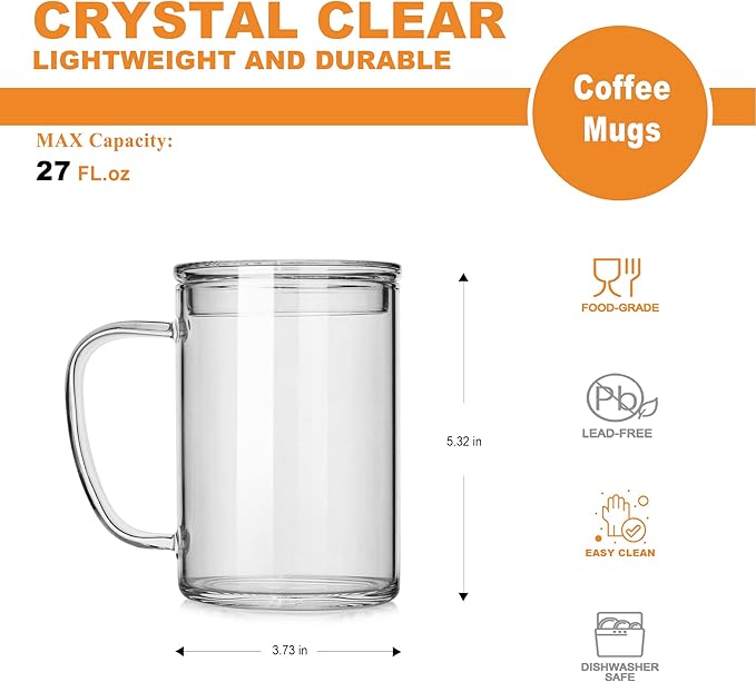 LUXU Glass Coffee Mugs (Set of 2),27oz Large Glass Coffee Cups Clear Glass Tea Cups Overnight Oats Containers with Glass Lid,Cute Coffee Bar Accessories,Iced Coffee Glasses for Latte,Cereal,Yogur
