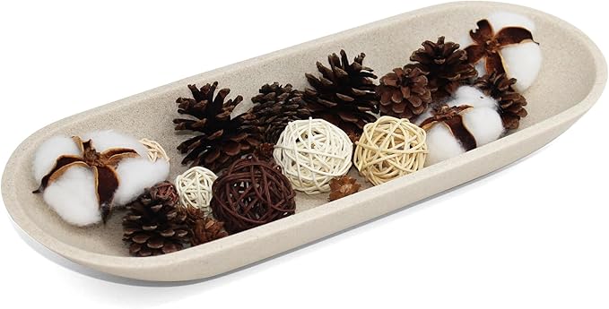 Large Decorative Bowl for Home Decor - Long Dough Bowl with Anti Slip Base for Table Centerpieces - Beige Minimalist Design Dough Decor Bowl for Coffee Table, Dining Table Centerpiece