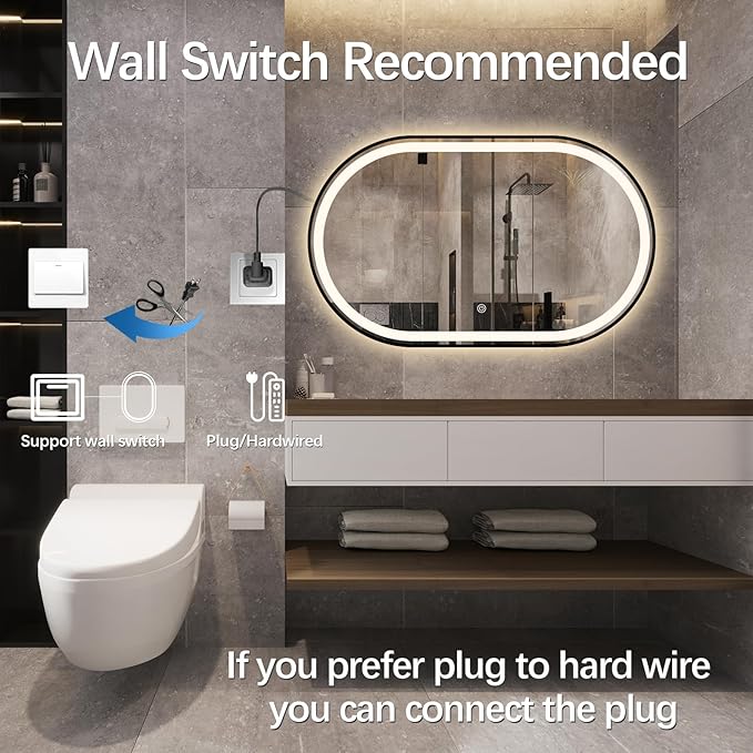 36"x24" Oval LED Bathroom Mirror with Lights, Black Anti Fog Lighted Vanity Mirror Wall Mounted, Stepless Dimmable LED Oval Mirror, Memory, ShatterProof, Front/Backlit, Horizontal/Vertical