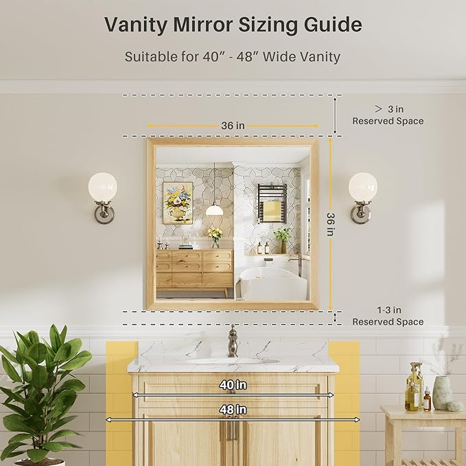 36x36 Inch Bathroom Mirror for Wall, Anti-Rust Oak Wood Grain Metal Framed Bathroom Mirrors for Over Sink,Rectangler Mirrors for Bathroom Vanity, Farmhouse, Bedroom, Living Room, Entryway Decor