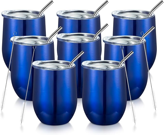 COMOOO Stainless Steel Wine Tumbler Glasses Bulk with Lid and Straw 12oz Double Wall Vacuum Insulated Tumbler Cup Stemless for Hot and Cold Drinks, Coffee, Wine, Cocktails (Royal blue, 8 Pack)