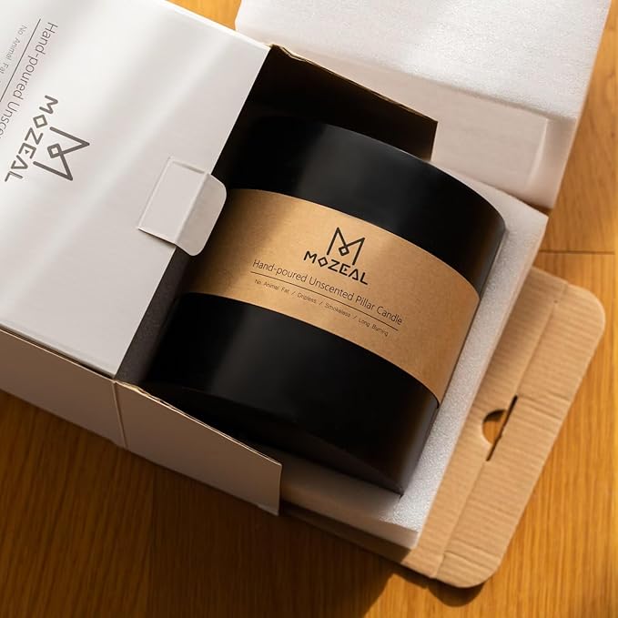 MOZEAL Extra Large 3 Wick Black Pillar Candle, 6" x 6", Unscented, Dripless, Smokeless, and Clean-Burning. Approx. 120 Hours of Burn Time. Perfect for Weddings, Dinners, Halloween and Fall Decor