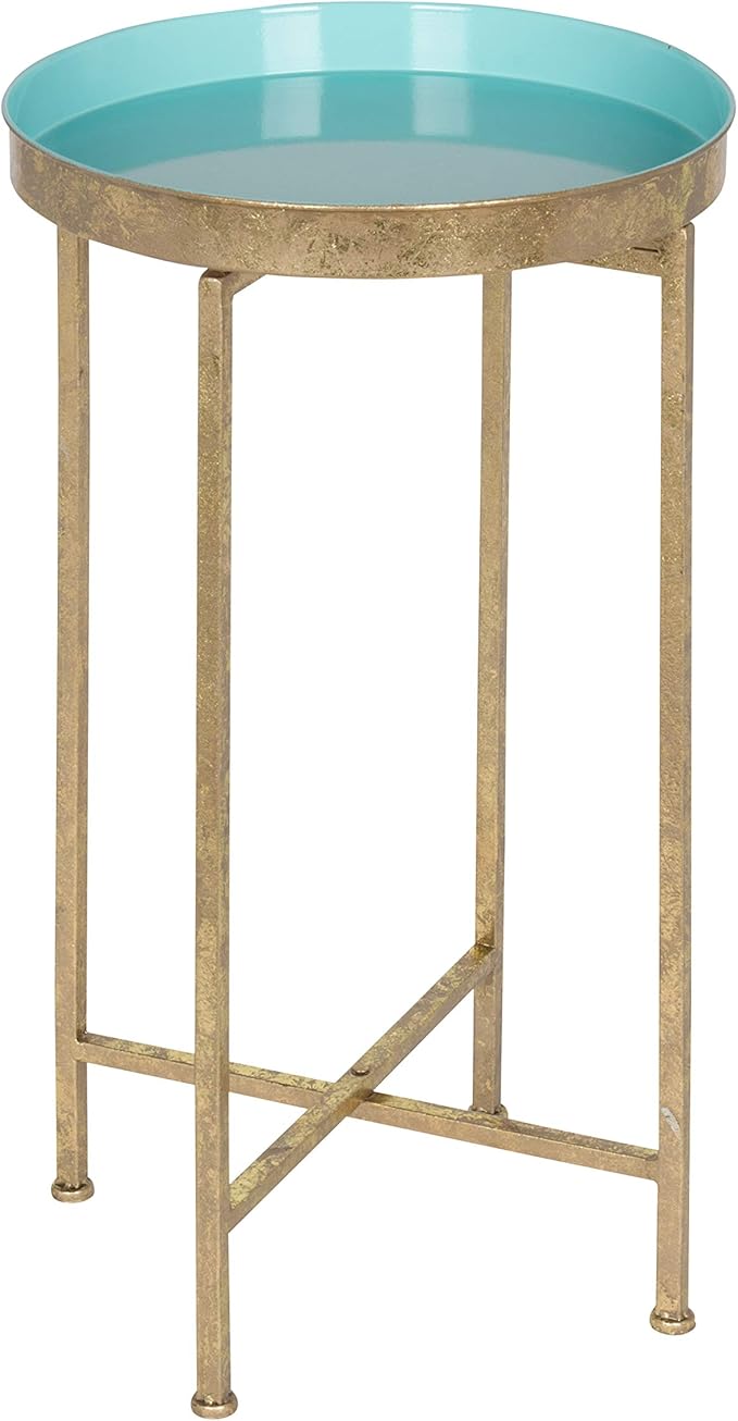Kate and Laurel Celia Round Foldable Tray Accent Table, 14" x 14" x 25.75", Light Teal and Gold, Modern Minimalist Design and Magnetic Tabletop