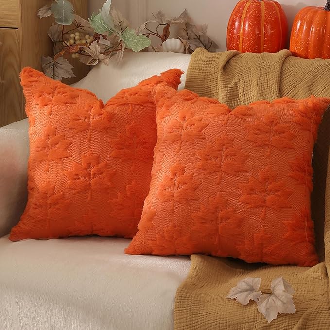 TOYPOPOR Fall Decorations 2 Packs Double Sided Throw Pillow Covers Orange Soft Faux Fur Maple Leaf Pillow Cases Autumn Harvest Thanksgiving Indoor Outdoor Home Decor for Living Room Porch Couch 20x20