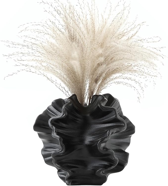 BUICCE Black Ceramic Coral Vase for Pampas Grass Decor Modern Decorative Dandelion Vase for Flower Home Office Living Room Table Centerpieces.