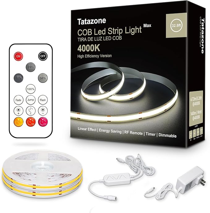 32.8ft 4000K White COB Led Strip Lights with Remote, Dimmable Bright Neutral White COB Light Strip, Indoor COB Led Lights for Kitchen, Room, Cabinet, 2 Rolls of 16.4ft