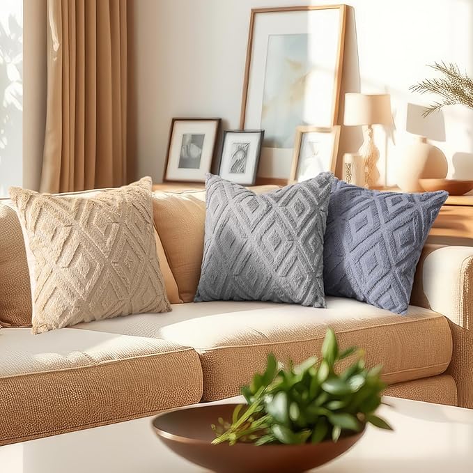 decorUhome Couch Throw Pillow Covers 26x26 Set of 2, Decorative Soft Plush Faux Wool Neutral Accent Pillow Covers for Bed Sofa Living Room, Blue Grey
