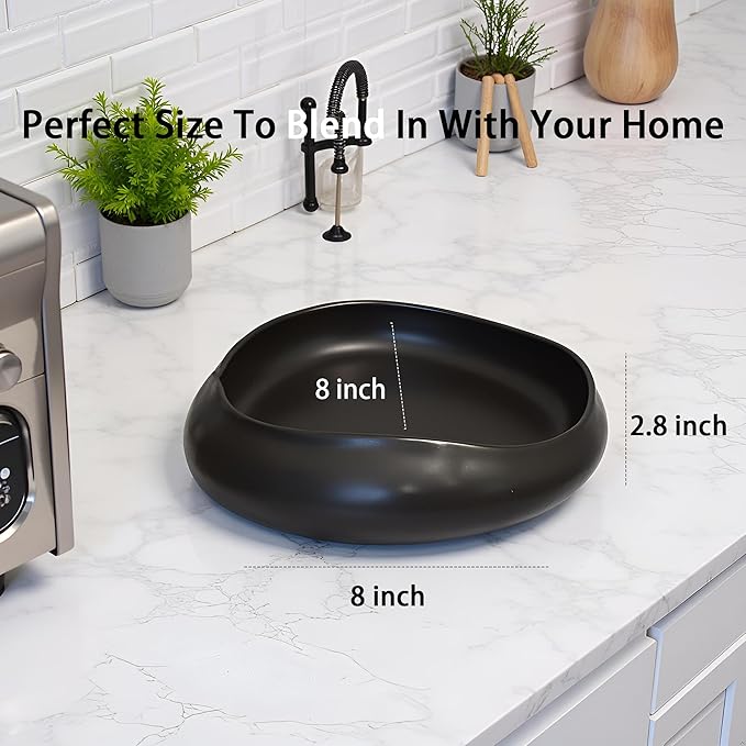 Decorative Bowl Handmade Reactive Glaze Stonewre Fruit Bowl for Kitchen Counter Ceramic Bowl Dining Room Table Centerpiecekey for Entryway Table|Dishwasher & Microwave Safe 8"(Black)