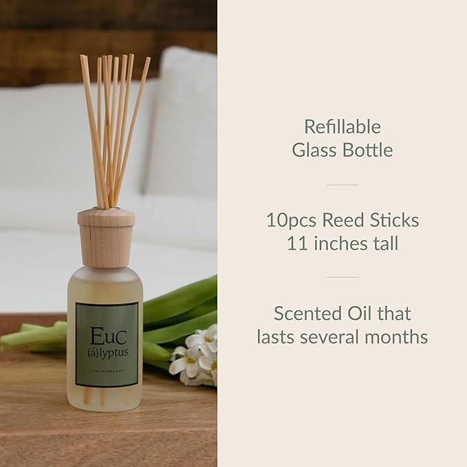 Archipelago Botanicals Eucalyptus Reed Diffuser, Home Fragrance Reed Diffuser, Includes Fragrance Oil, Decorative Wooden Cap & 10 Diffuser Reeds, Perfect for Home, Office or Gift, 7.85 fl oz