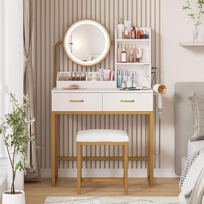 Makeup Vanity with Round Mirror and Lights, White Vanity Makeup Table with Charging Station, Small Vanity Table for Bedroom, 3 Lighting Modes, 31.5in(L)