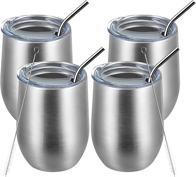 MEWAY 12oz/4 Pack Wine Tumbler Glasses with Lid - Stemless Double Wall Vacuum Stainless Steel Travel Tumbler - Keeping Cold & Hot for Wine,Coffee,Cocktails,Drinks-Family and Gifts (Silver,Set of 4)