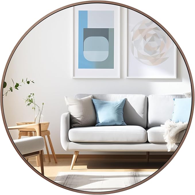 36 inch Circle Wall Mirror, Brushed Bronze Metal Framed Round Mirror for Bathroom Vanity, Bedroom Decor, Living Room, Entryway
