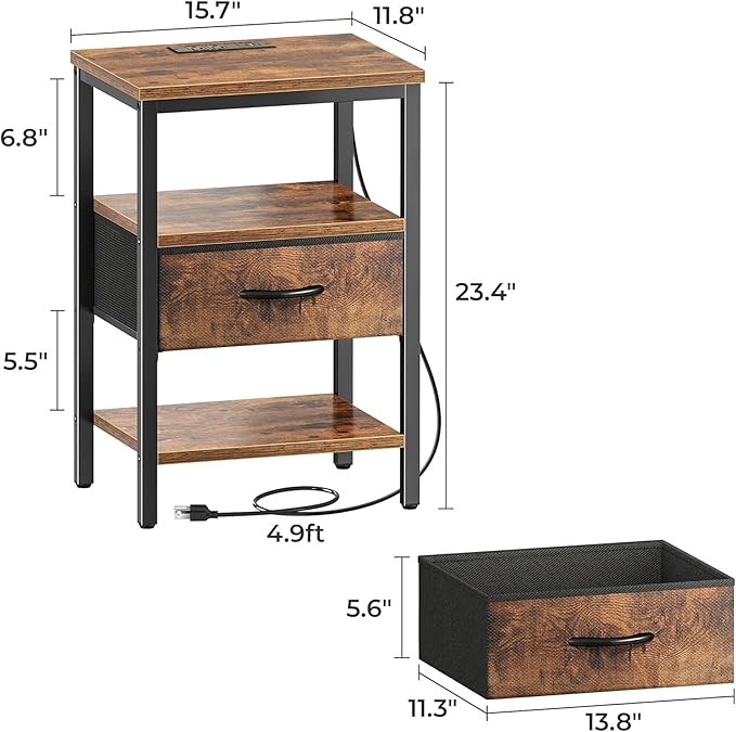 SUPERJARE Nightstand with Charging Station, Bed Side Table with Adjustable Fabric Drawer, Night Stand for Bedroom, 3-Tier Storage End Table, for Living Room, Rustic Brown