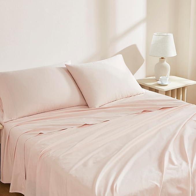 Linen Closet 100% Organic Cotton King Sheet 4 Pcs Set – Crisp Percale, Lightweight & Breathable– Light Pink Bed Sheets,Deep Pocket up to 18”– Naturally Cooling, Soft, Eco-Friendly,All Season Comfort