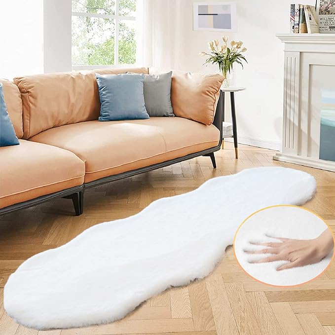 White Faux Bunny Fuzzy Fur Rugs for Bedroom Living Room Shag Washable Furry Area Rug 2x6 Nursery Shaped Rug Teen Room Décor