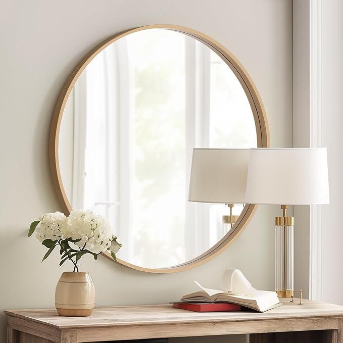 HOMECOOKIN Round Wood Mirror, 28" Round Bathroom Wall Mirror Circle Mirrors for Wall Decor, Vanity, Living Room, Bedroom, Entryway, Natural