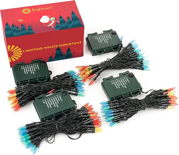 Brightown Christmas Lights 4 Pack 50 LEDs Battery Powered String Lights with Green Wire for Holiday Decorations, Tree Lights, Party, Xmas, Easter, Wedding, Patio, Home Decor, Indoor and Outdoor Use