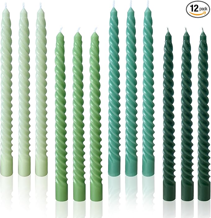 Green Spiral Taper Candles Unscented Smokeless Long Tall Tapered Candles for Candlesticks Sticks Wedding Advent Home Decor Dinner Christmas,10 Inch,12 Pack(E-Gradient Green)