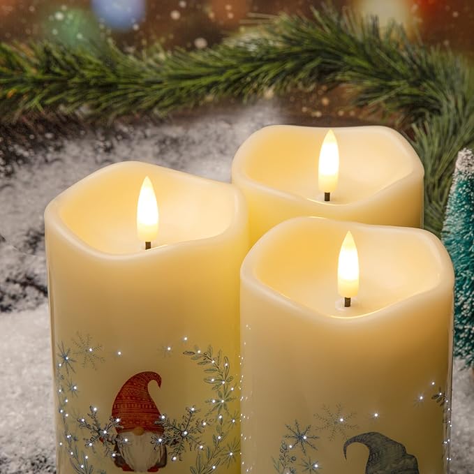 Eywamage Gnomes Christmas Fiber Optic Flameless Candles with Remote, Snowflakes Flickering LED Battery Pillar Candles Set of 3