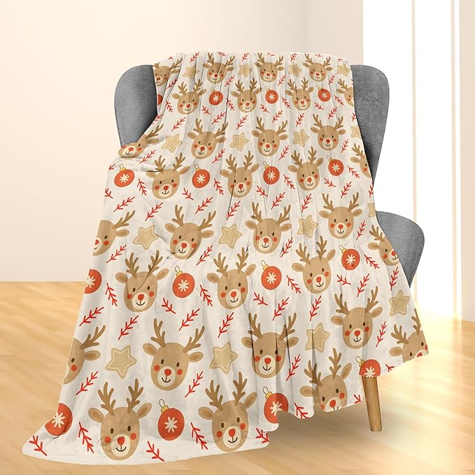 Christmas Reindeer Blanket, Soft Lightweight Flannel Cute Reindeer Faces Throw Blanket for Couch, Bed, Travel & Holiday Decor Gifts, Cozy Warm Fuzzy Festive Blankets for Adults Women Kids 50×40 in