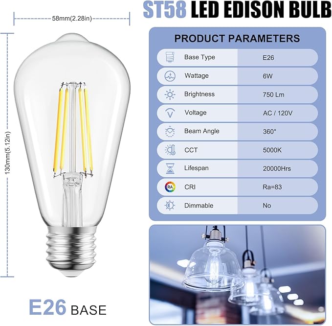 Brightown 6 Pack LED Edison Bulbs, 6W, Equivalent 60W, High Bright 5000K White,750 Lumens, Non-Dimmable, E26 Medium Base ST58 Antique Filament Bulbs with 83+ CRI for Ceiling Fan Bathroom Porch