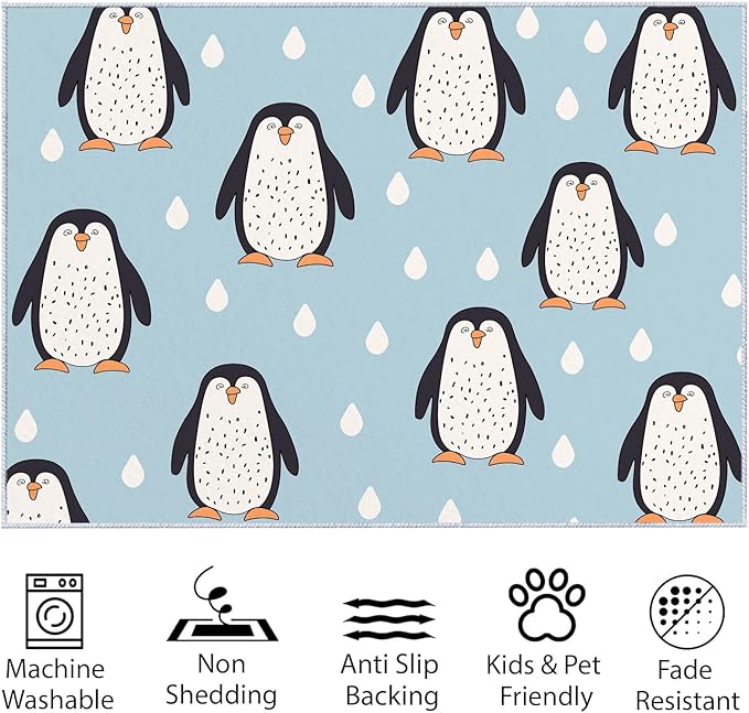 Living Room Area Rug 2x3 ft Cartoon Penguin Scandinavian Style Washable Non-Slip Area Rug, 3D Print Low-Pile Carpet for Bedroom, Kids Room, Nursery, Home Decor Rugs
