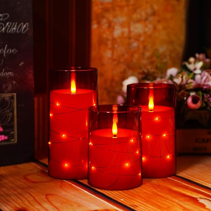 Flameless LED Candles with Timer 3 Pc Flickering Flameless Candles for Romantic Ambiance and Home Decoration Stable Acrylic Shell,with Embedded Star String，Battery Operated Candles（Red）