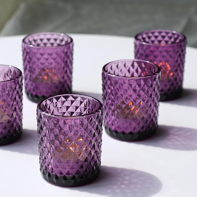 Woho 24pcs Purple Votive Candle Holders, Glass Tea Lights Candle Holder for Wedding Table Centerpiece, Studded Diamond Tealight Candle Holder for Tealight Candles/Votive Candles