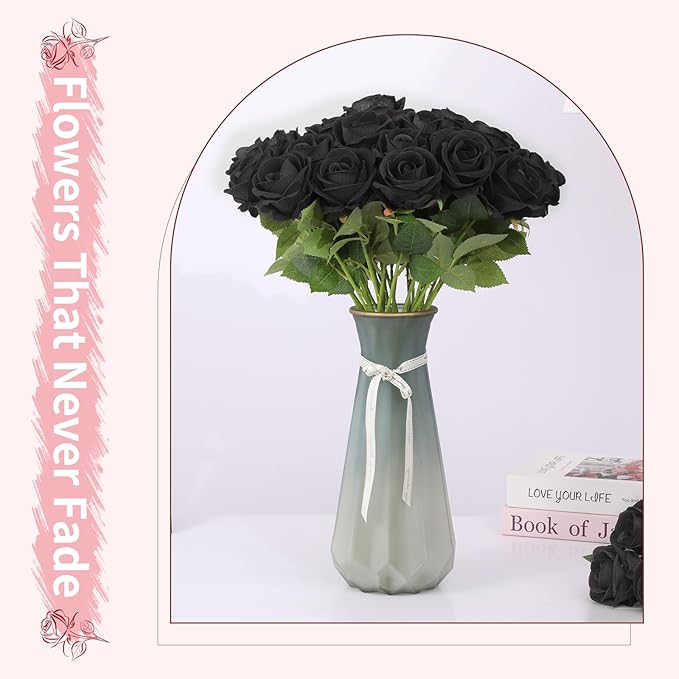 102 PCS Fake Roses Artificial Flowers Bulk, Black Roses Bridal Bouquet Silk Faux Rose with Stems for Wedding Flowers Decoration, Valentine's Day, Bridal Bouquet, Anniversary,Home Decor (102PCS, Black)